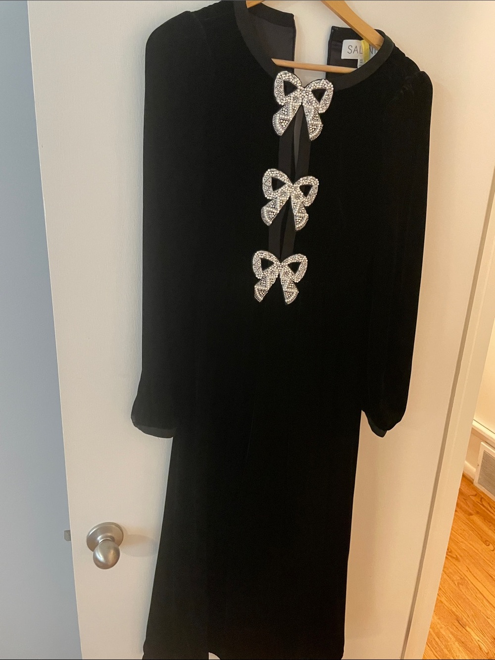 SALONI Black Long-Sleeve Velvet Dress with Crystal Bow Accents